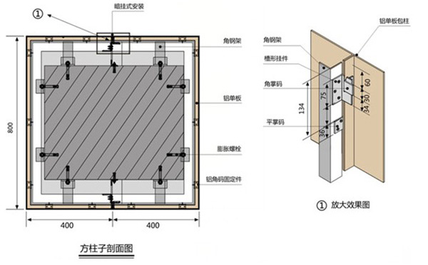 包柱铝单板安装示意节点图