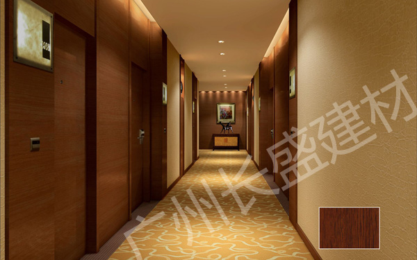 高档酒店仿柚木木纹铝蜂窝板走廊隔墙应用效果图 