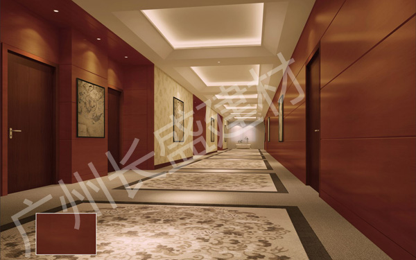 高档酒店仿红樱桃木木纹铝蜂窝板过道幕墙应用效果图 